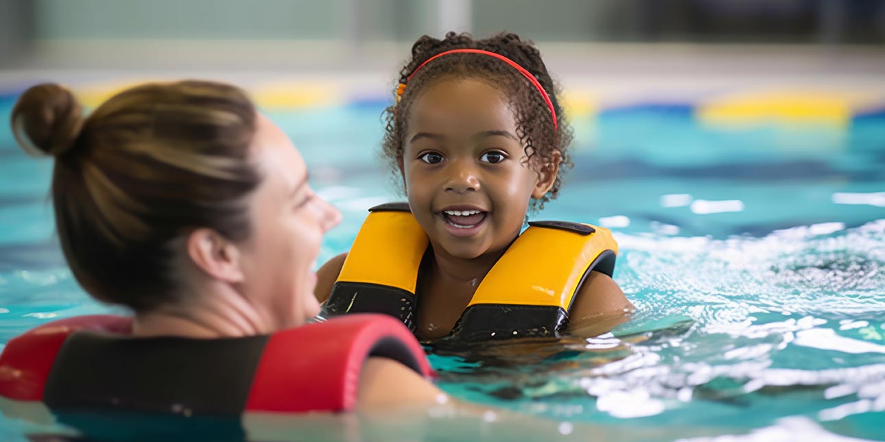 Child in swimming lessons with lifejacket on.