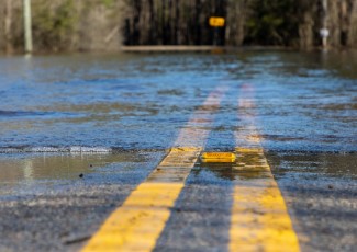 Flood after storm on a road. 