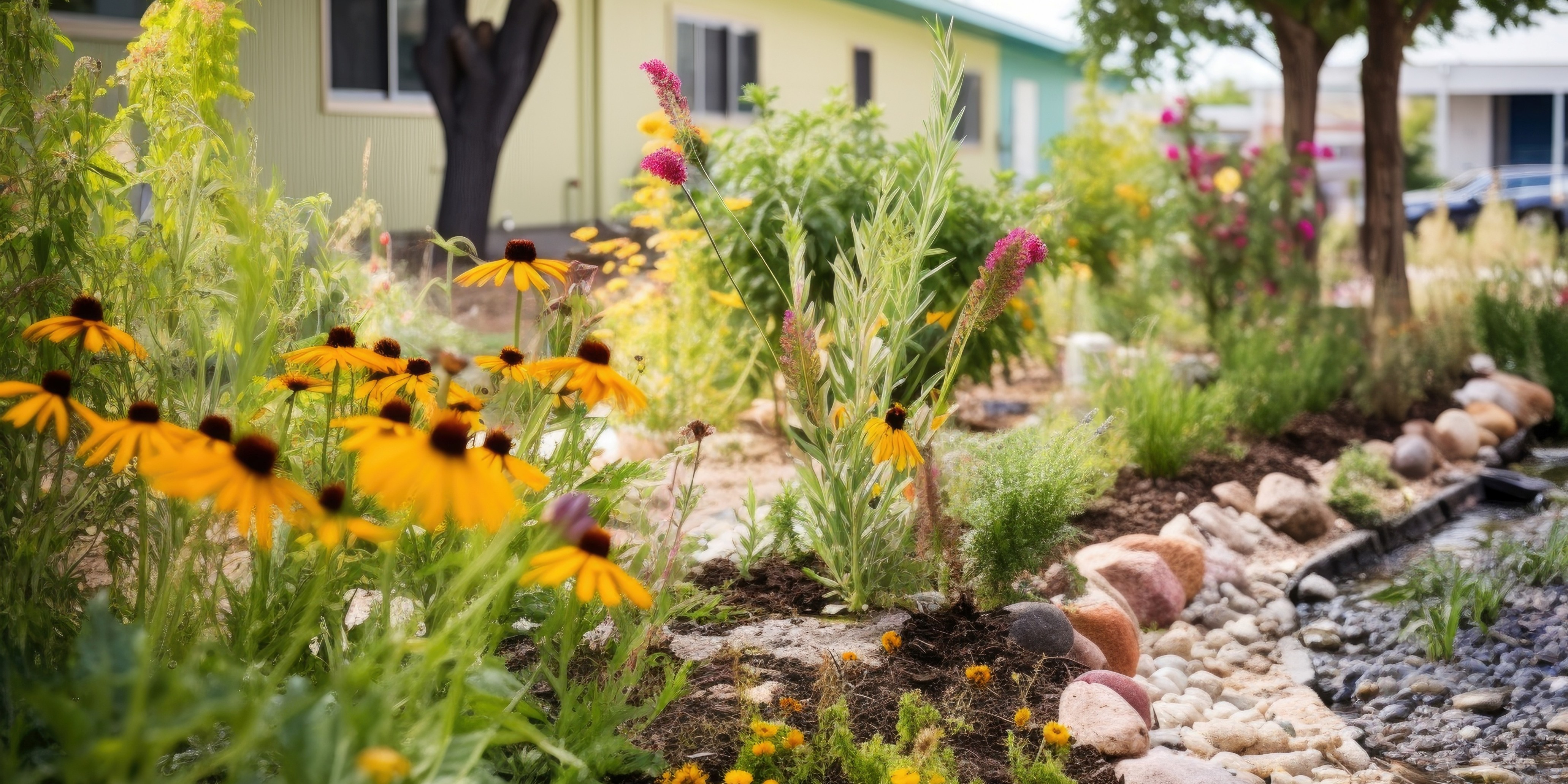 Rain garden with native plants. 