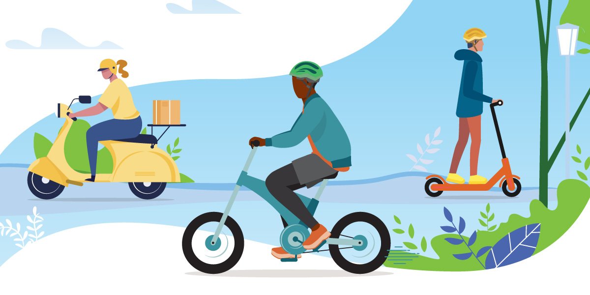 Illustrated image of people riding a scooter, an electric scooter and an-bike.