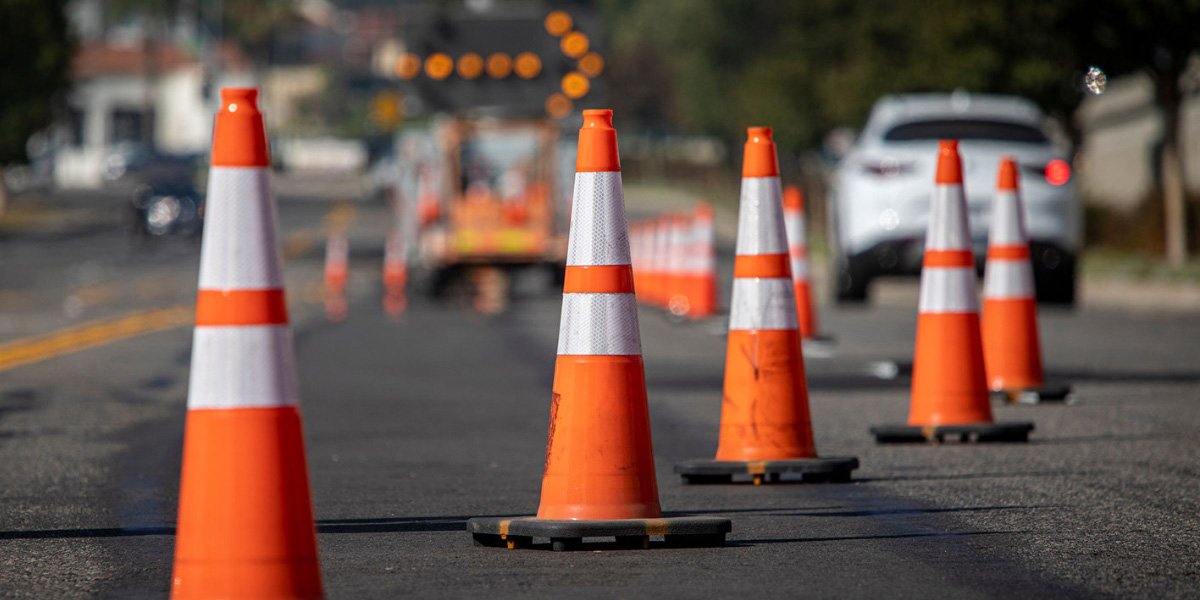 Traffic cones on road diverting traffic