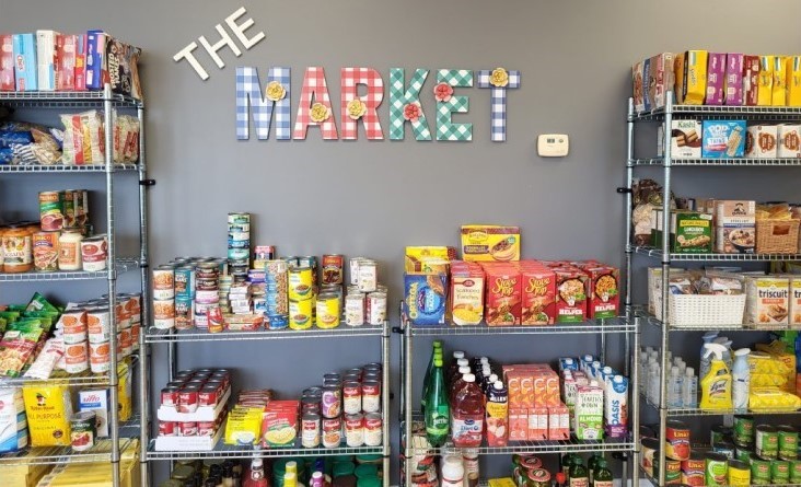 Food on shelves.