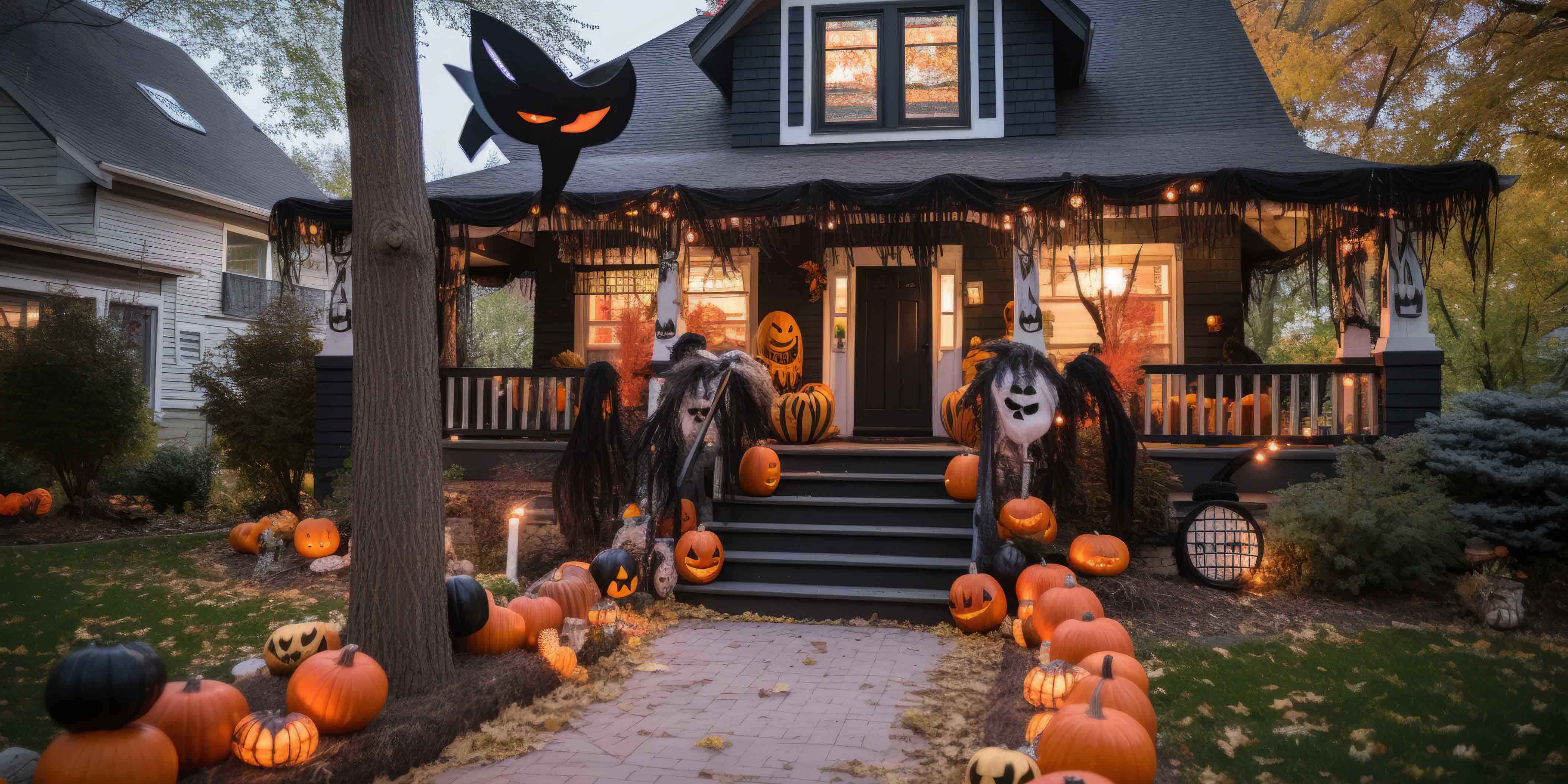 A skeleton sitting on a porch surrounded by harvest decor