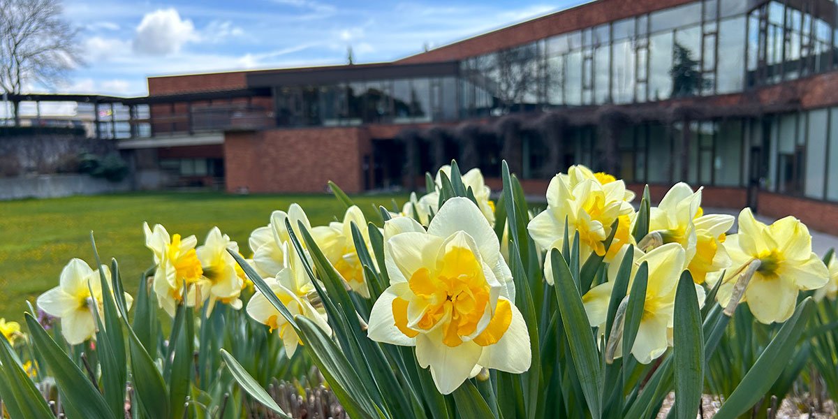 Town Hall in the spring with flowers