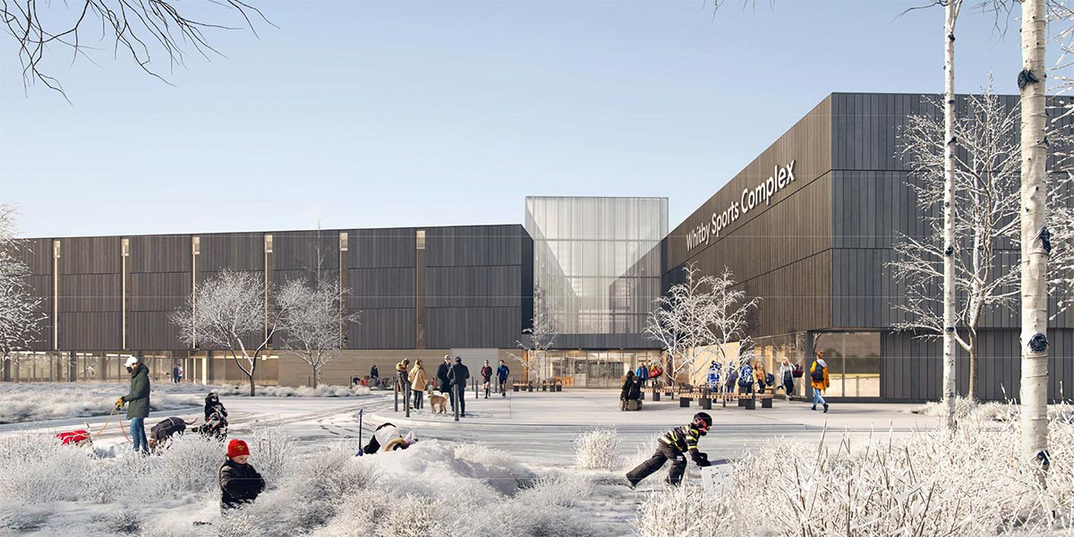 Rendering of the new sports complex exterior in the winter