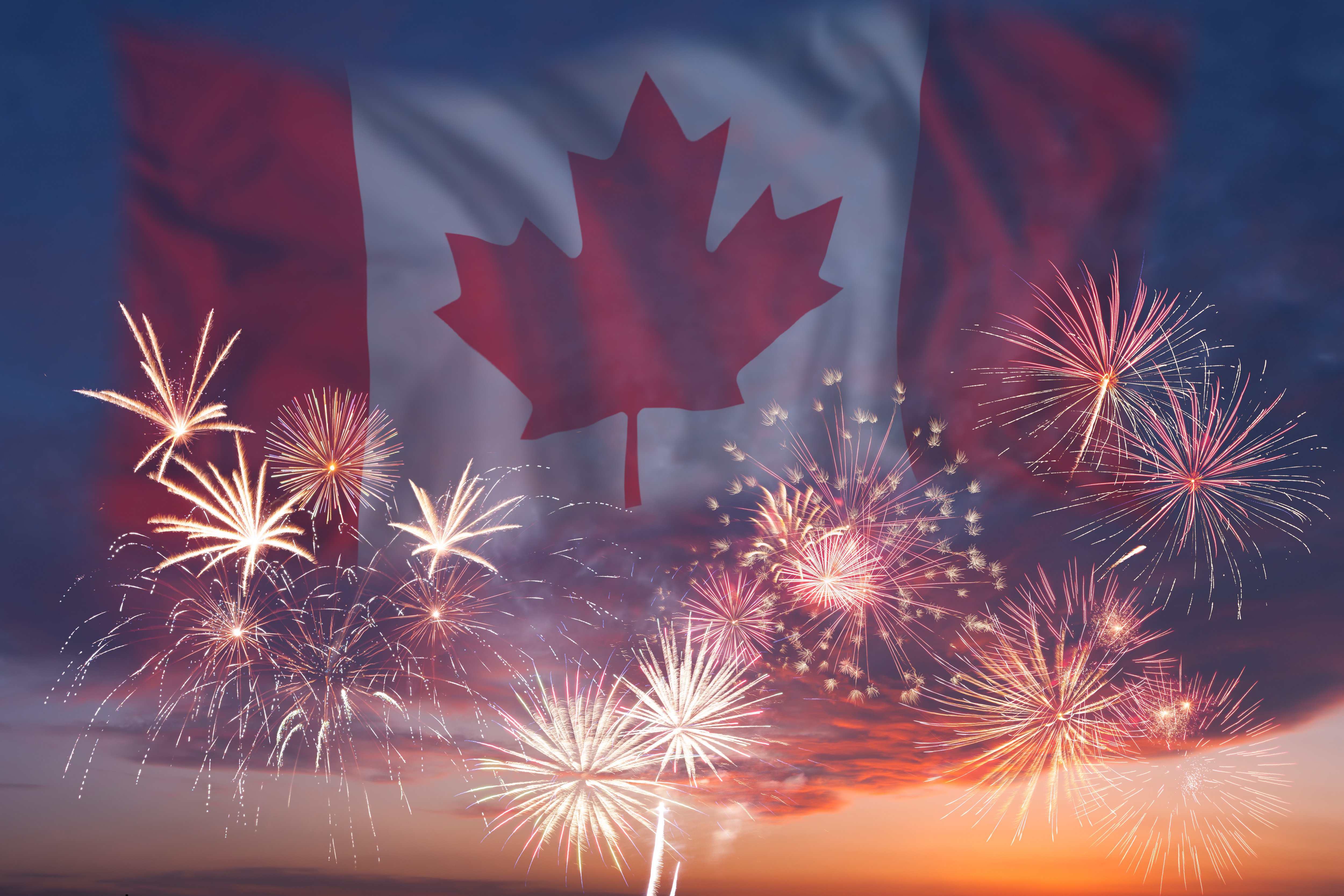 Fireworks in the sky with a lit up maple leaf in the foreground.