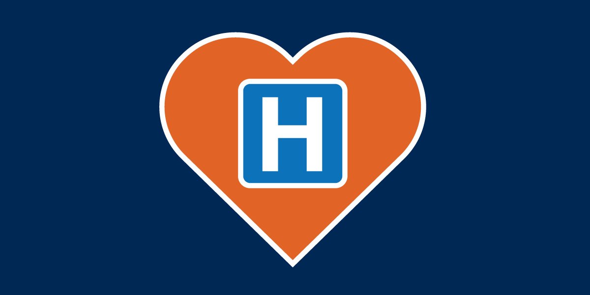 A navy blue background with an illustrated orange heart and a hospital 'H' symbol in the middle