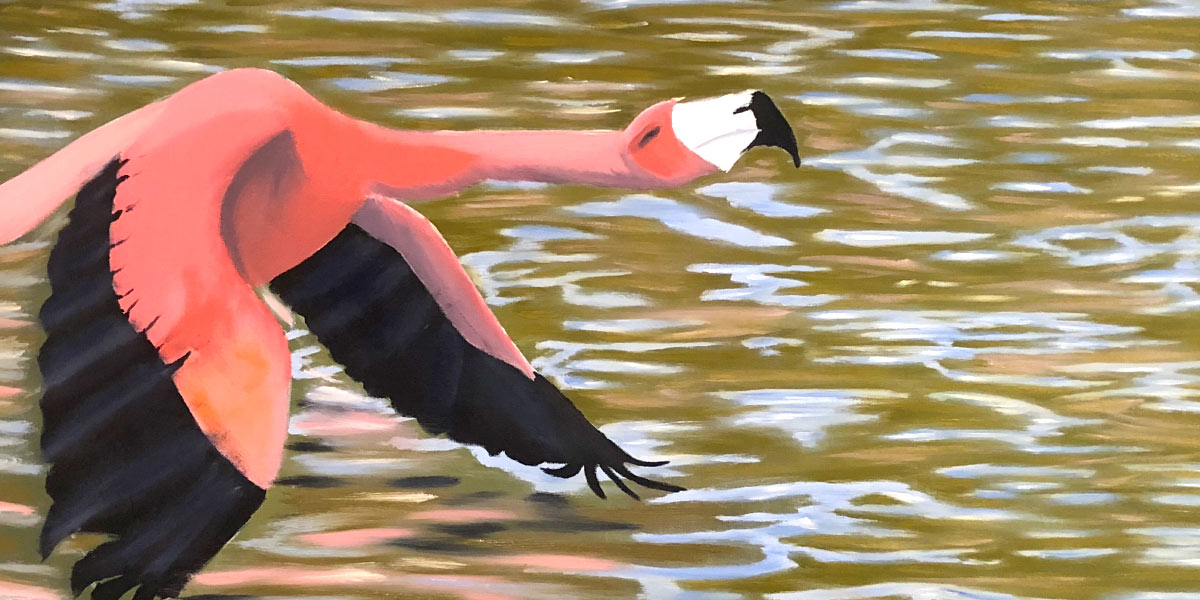 Painting of a flamingo flying over water