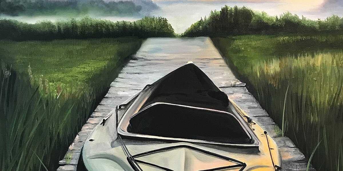 Painting of a river with a canoe on the dock