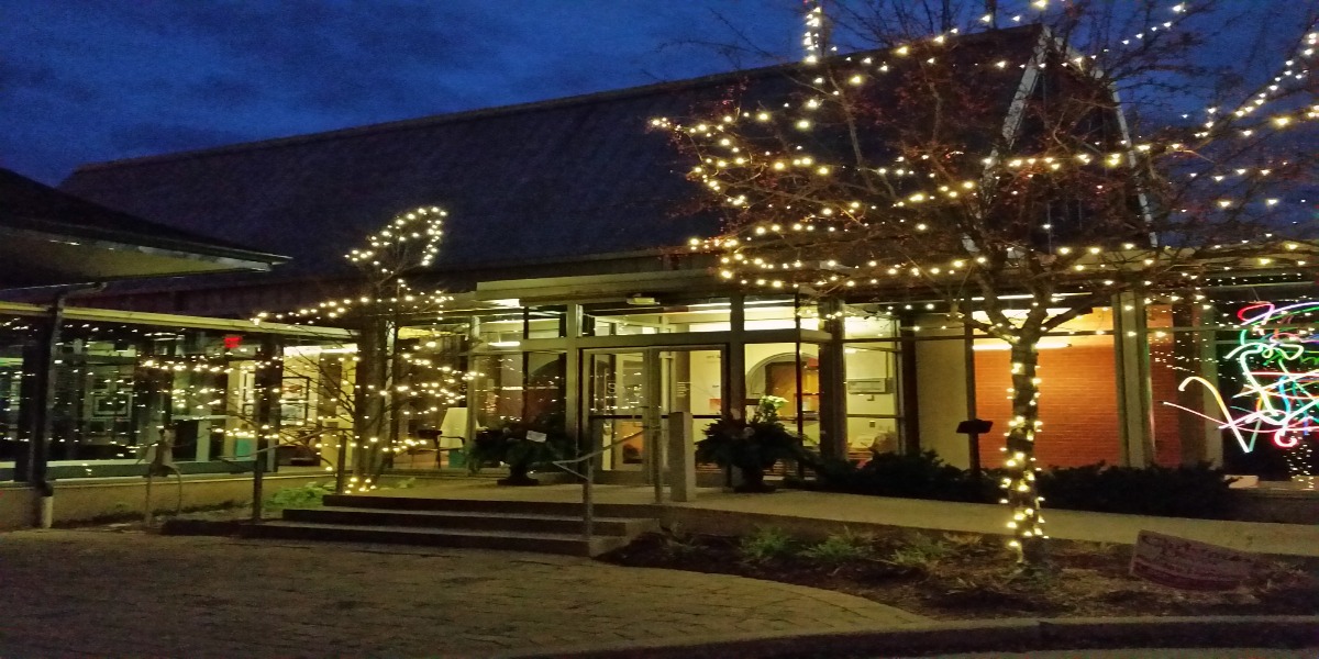 Front entrance of building with lights