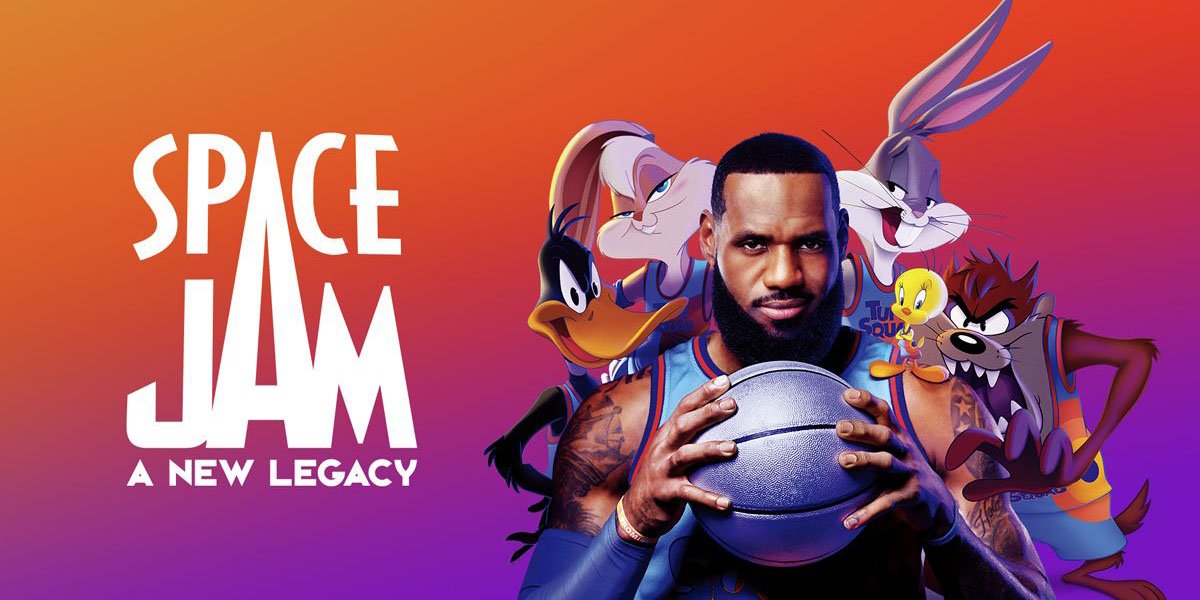 Movie poster with basketball player and animated characters