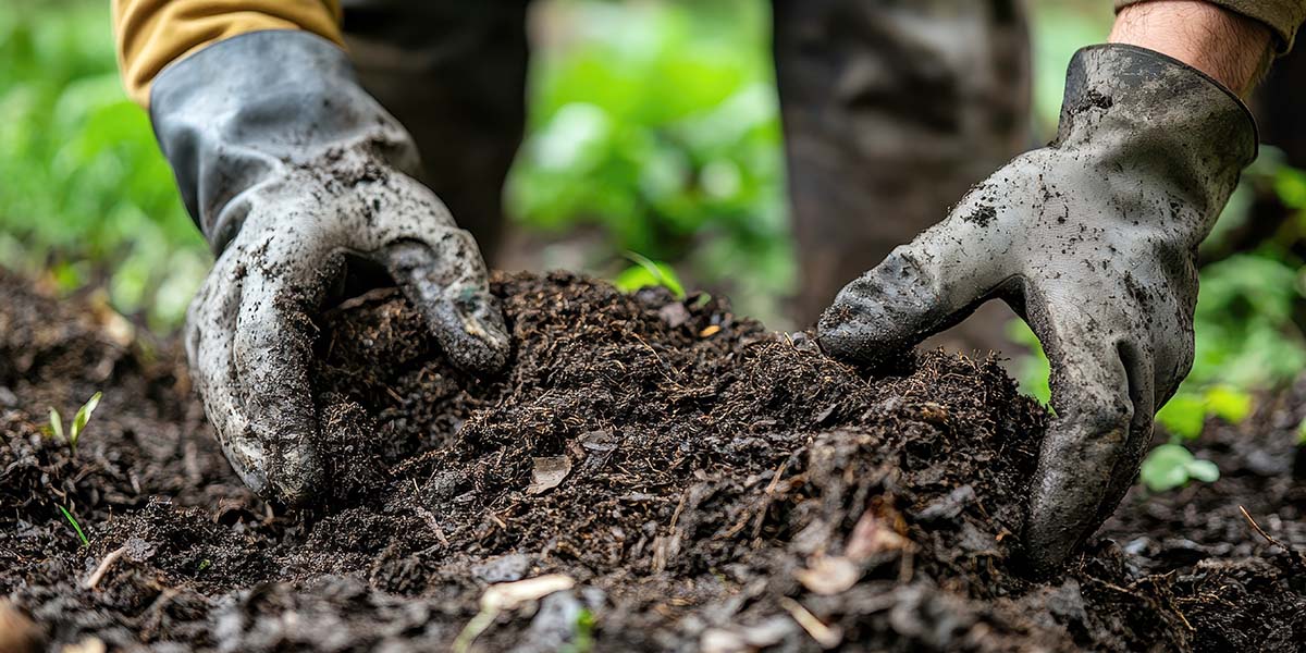 A person wearing gloves digging in the dirt