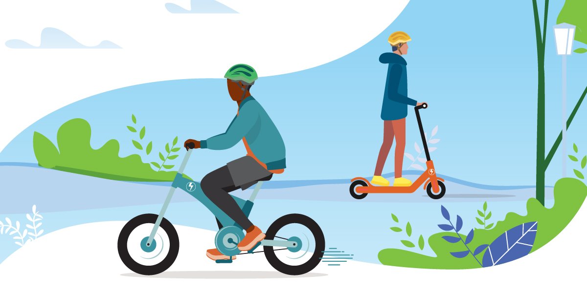 An illustrated image of two people riding an e-bike
