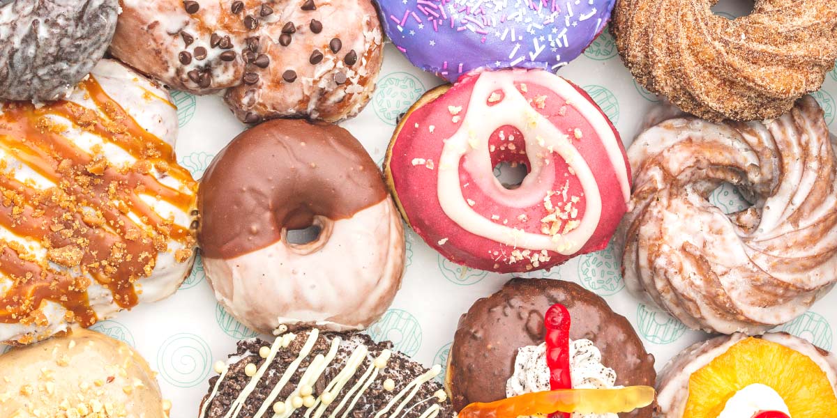 A box of colourful doughnuts