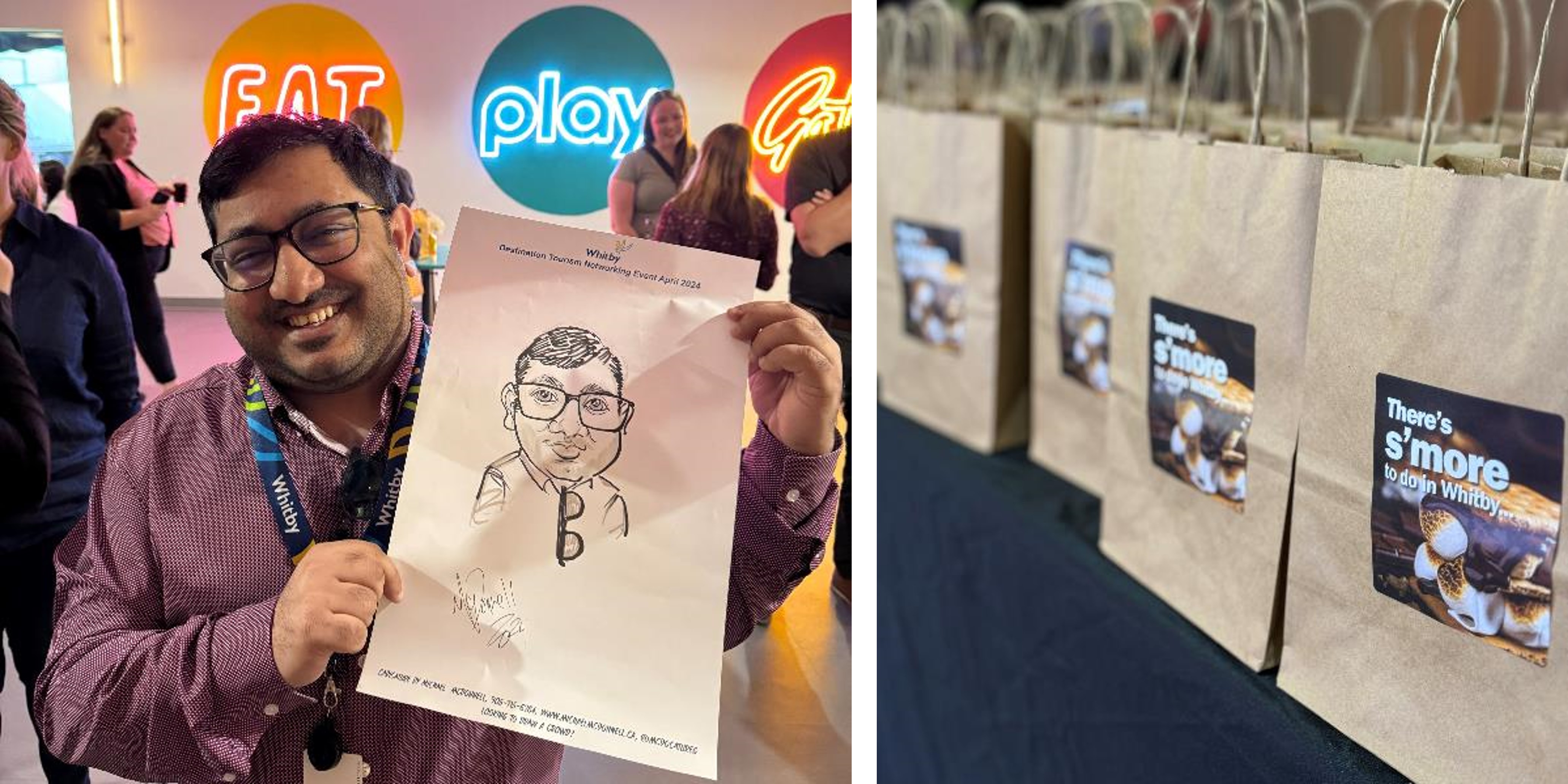 Man holding cartoon drawing at event 