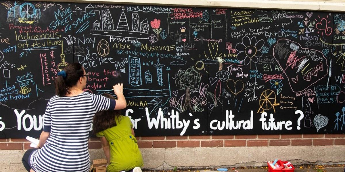 Two people writing on a chalk board