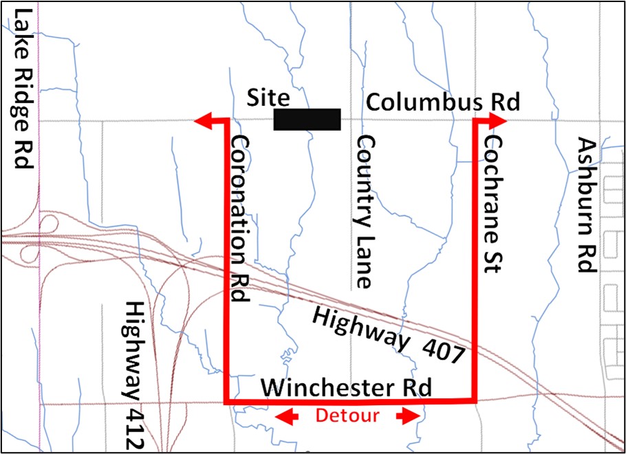Map indicating in red which streets are closed.