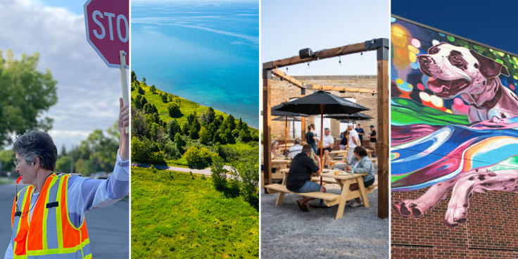 A crossing guard, an aerial photo of the waterfront, people at a picnic table at the Pump House, and public art painting of a dog on a brick wall