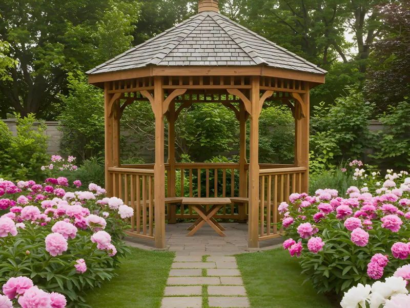A wooden gazebo in a backyard garden