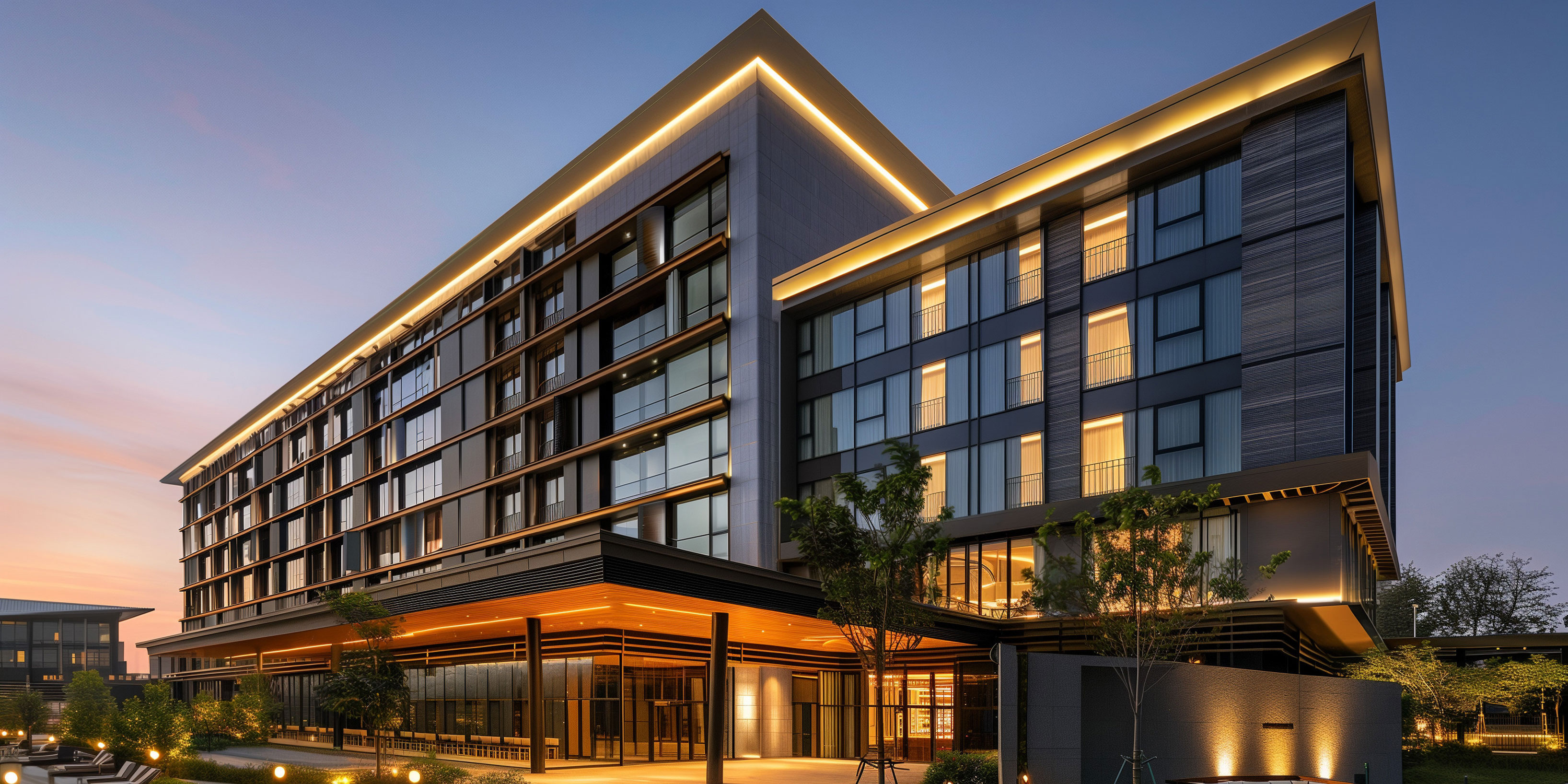 Stock image of an upscale hotel at dusk