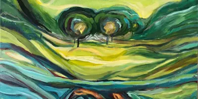 Abstract painting of natural landscape with trees and fields 