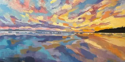 Abstract painting of colourful sunset sky over water 