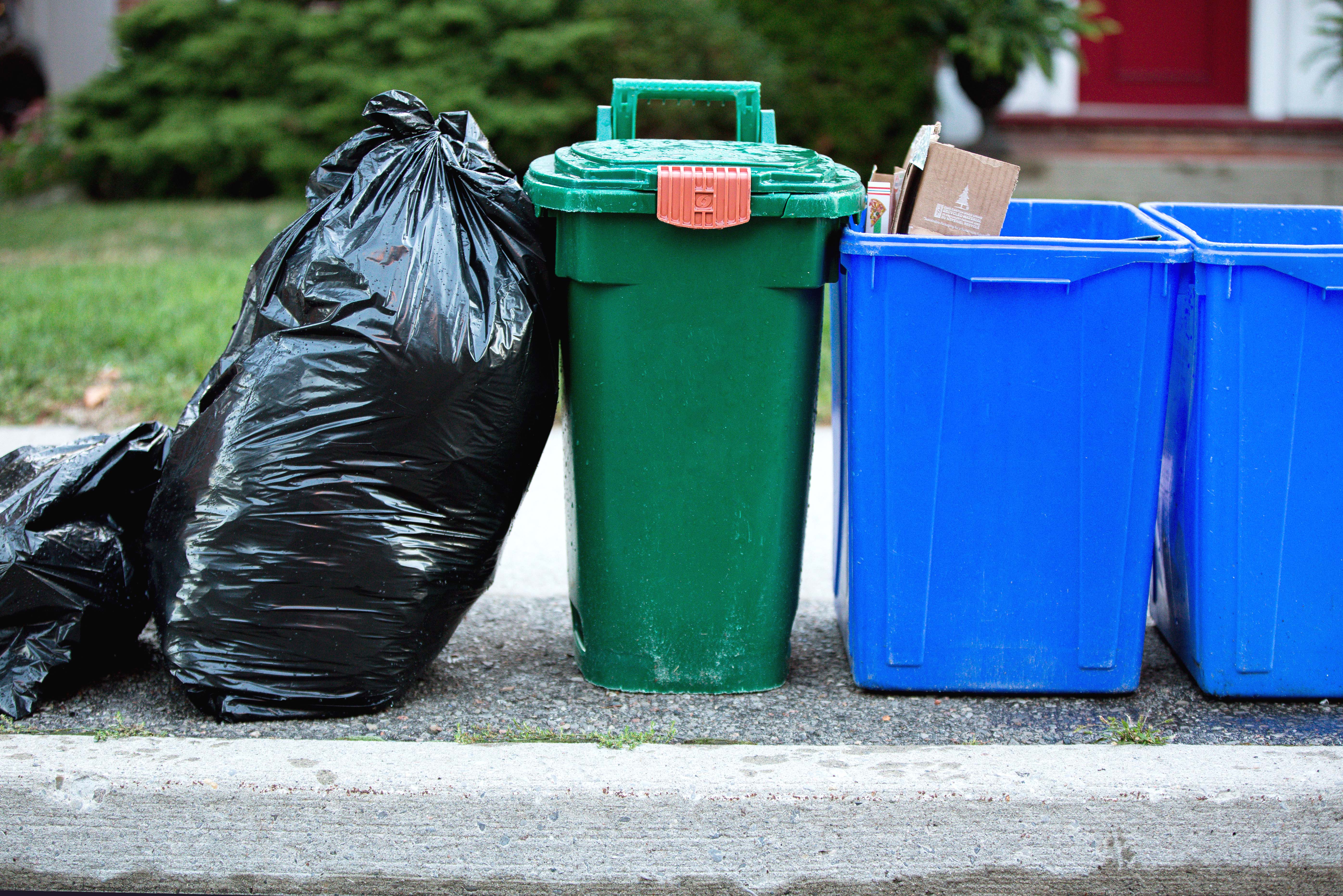 garbage bags, green bin, and blue box in a row on a street