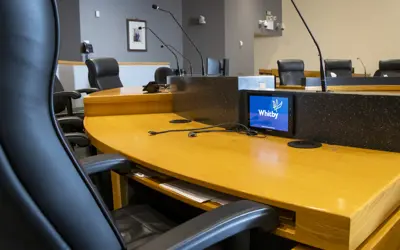 Council Chambers close up of monitor from Council chair view