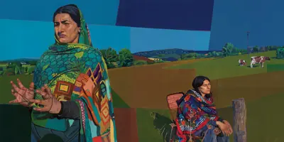 Painting of two women in traditional clothing in green landscape 