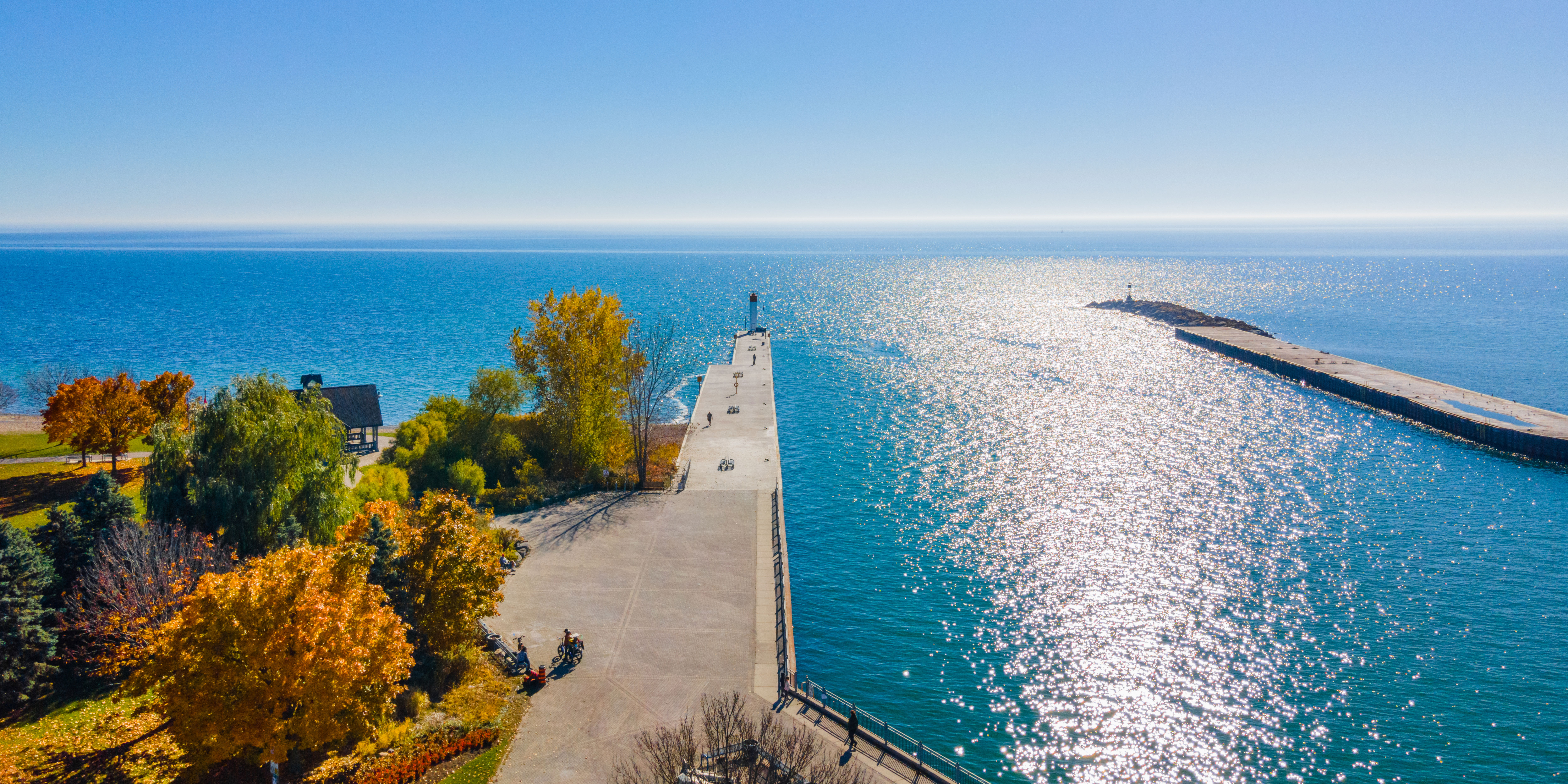 Aerial view of Whitby's pier on Lake Ontario